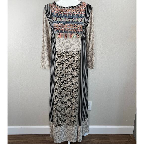 Black Stripe Floral Mixed Print 3/4 Sleeve Eclectic Boho Maxi Shift Dress Medium - Picture 10 of 14